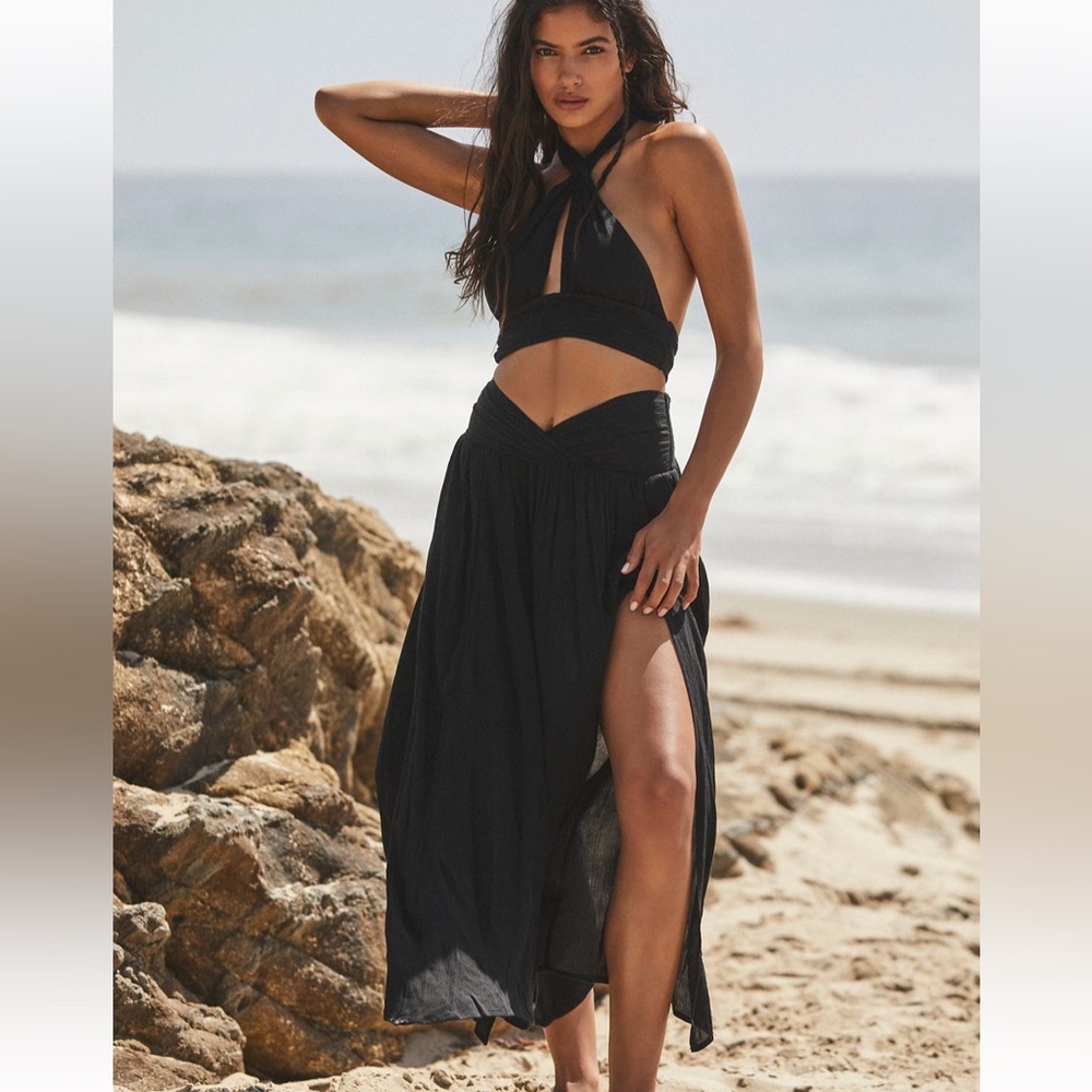 NWT Free People Black Be Mine Set Halter Crop Top and Midi Slit Skirt Size XS